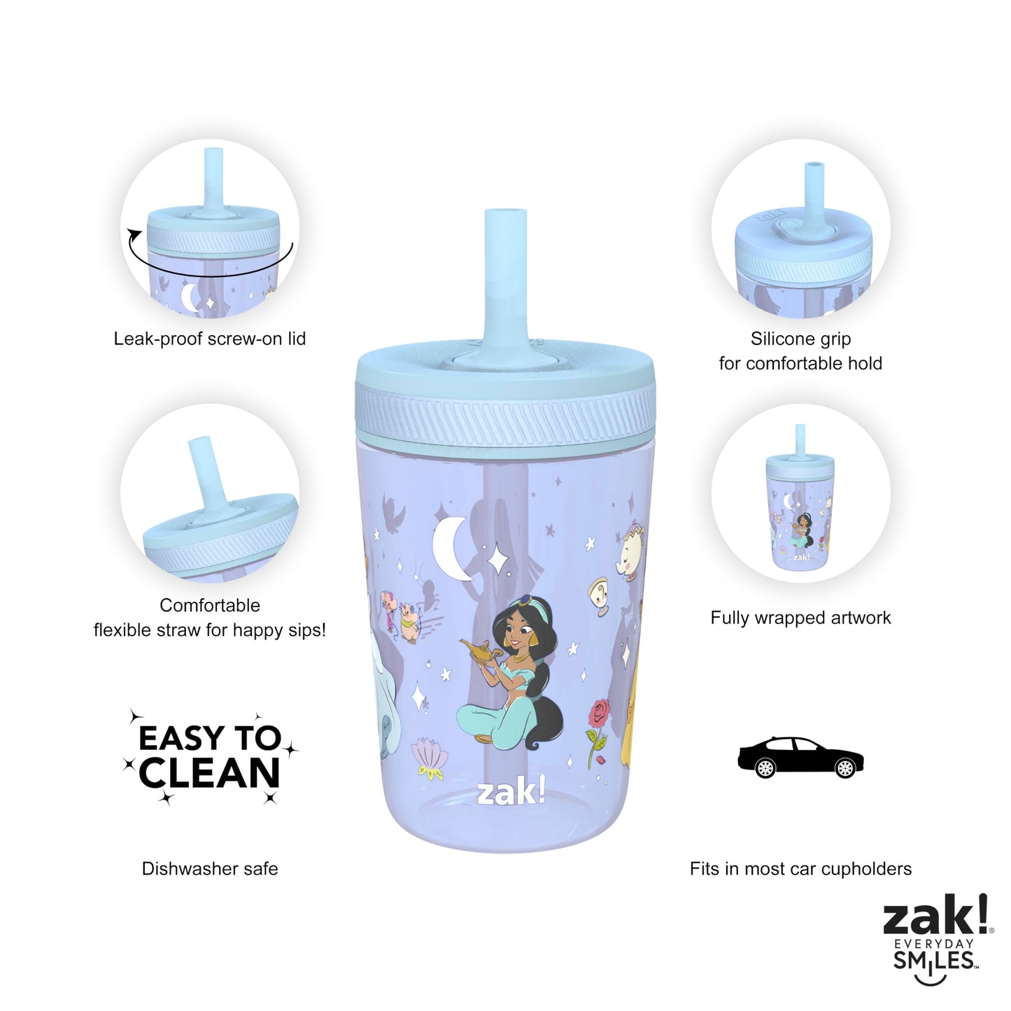 Zak Designs Disney Princess Kelso Toddler Cups For Travel or Home, 15oz 2-Pack Plastic Sippy Cups, Leak-Proof For Kids (Ariel, A
