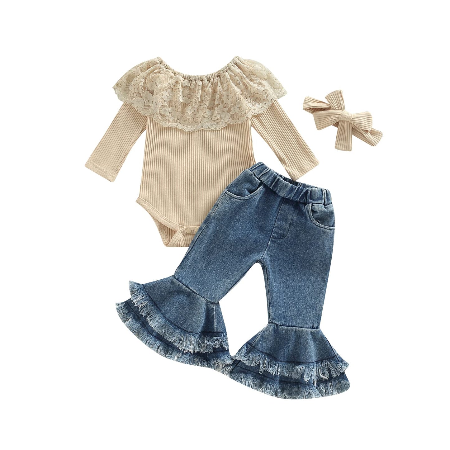 Fhutpw Newborn Baby Girl Clothes Infant Rib Frill Long Sleeve Romper Flared Pants Headband Set 3Pcs Fall Winter Outfits (B- Apri