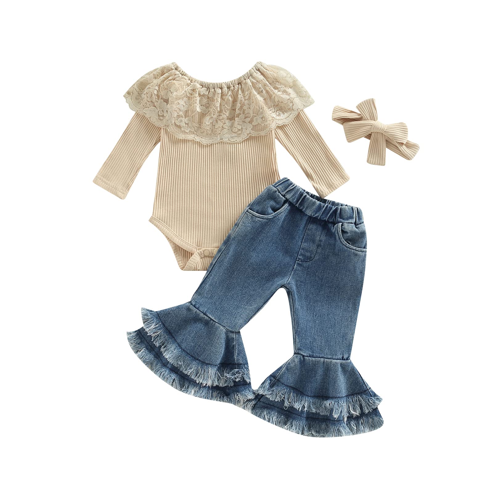 Fhutpw Newborn Baby Girl Clothes Infant Rib Frill Long Sleeve Romper Flared Pants Headband Set 3Pcs Fall Winter Outfits (B- Apri