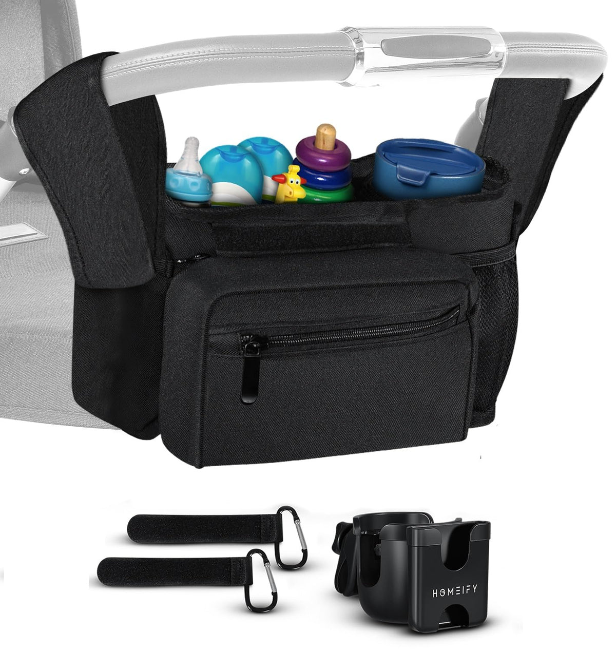 Homeify Universal Stroller Accessories  Baby Stroller Organizer Bag + Cup Holder/Phone Holder, Black Fabric, Silicone