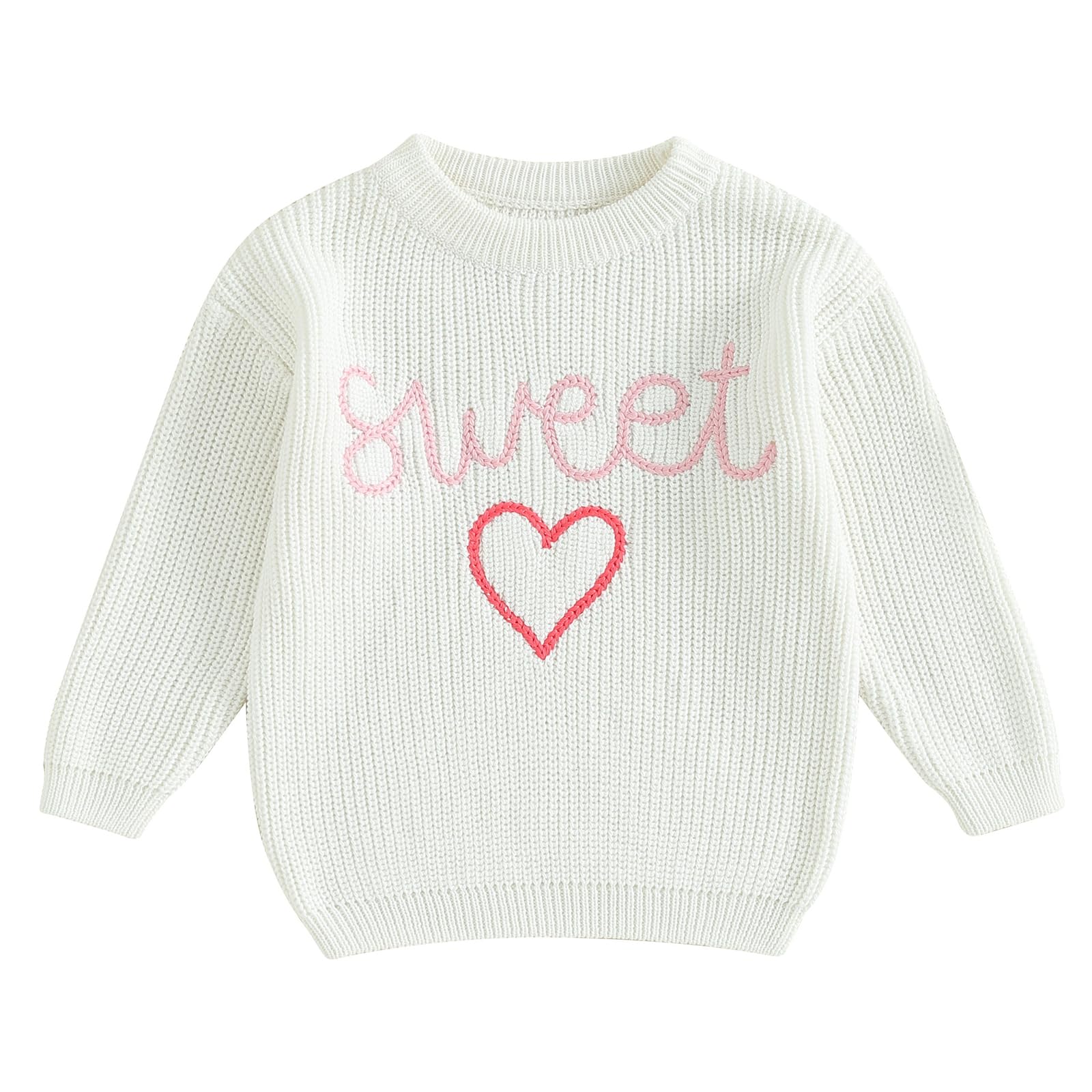 Baby Girl Cute Long Sleeve Crew Neck Love Embroidery Sweater Toddler Valentine Day Outfits (White Sweet, 2-3 Years)