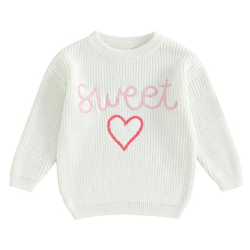 Baby Girl Cute Long Sleeve Crew Neck Love Embroidery Sweater Toddler Valentine Day Outfits (White Sweet, 18-24 Months)