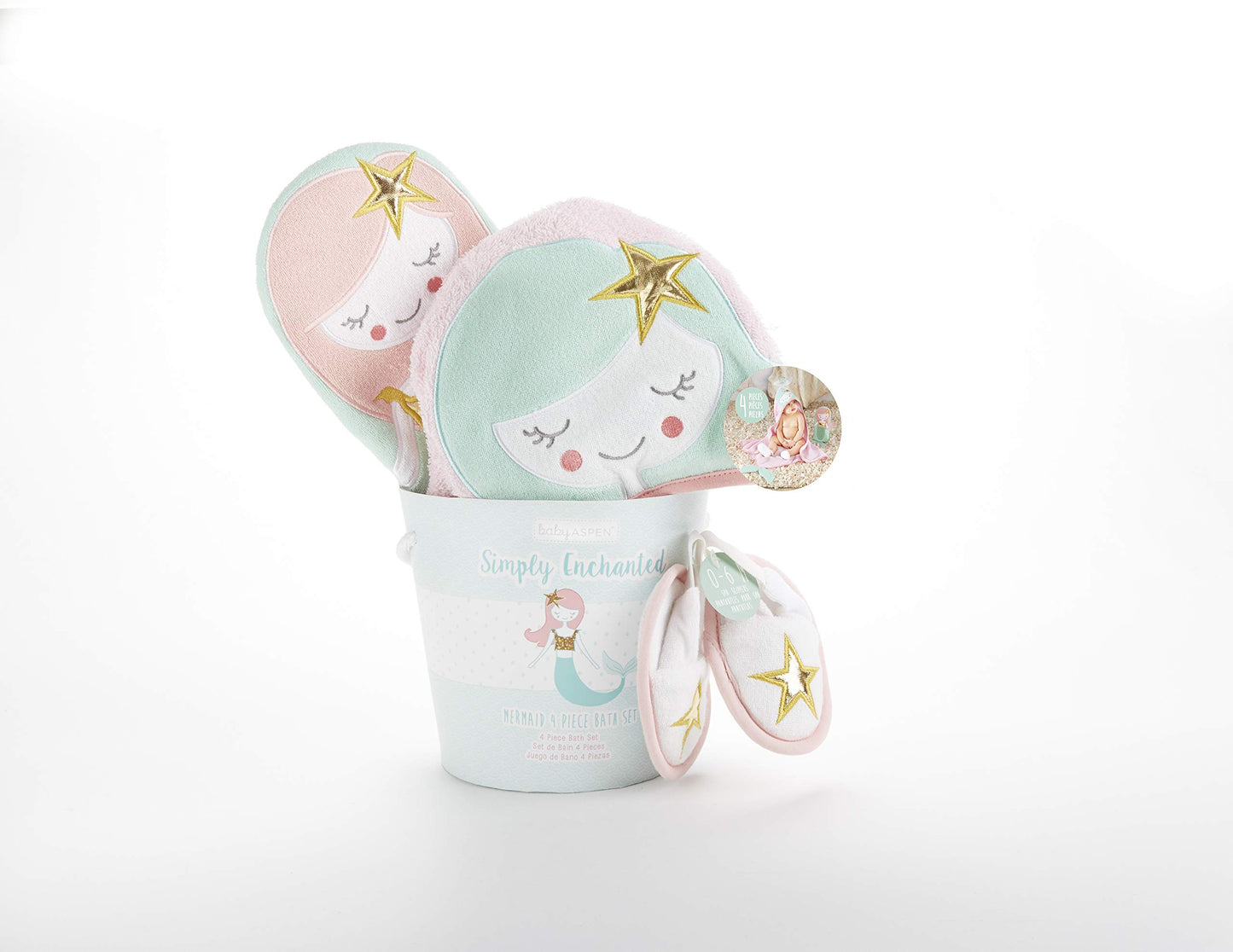 Baby Aspen Simply Enchanted Mermaid 4 Piece Bathtime Gift Set, Pink/Mint/Gold/White, 0-6 Months