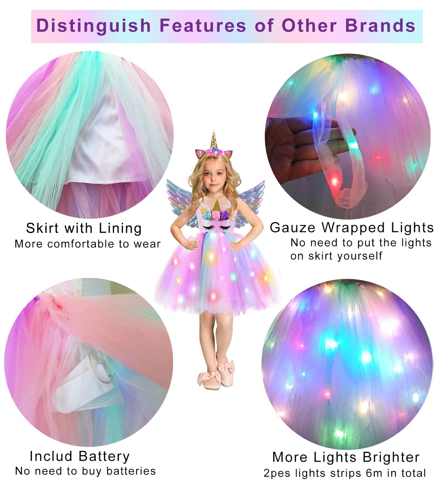 Genafy Girls Unicorn Sparkly Dress Light Up Halloween Christmas Decorations Birthday Party Princess Outfit Kids 3 4 Year Old Gir