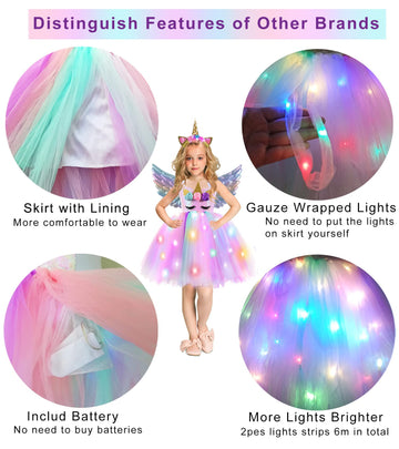 Genafy Girls Unicorn Sparkly Dress Light Up Halloween Christmas Decorations Birthday Party Princess Outfit Kids 3 4 Year Old Gir