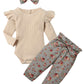 Kangkang Newborn Baby Girls Clothes Cute Baby Clothes Girls Romper + Pant 3Pcs Winter Outfit 9-12 Months Light Brown