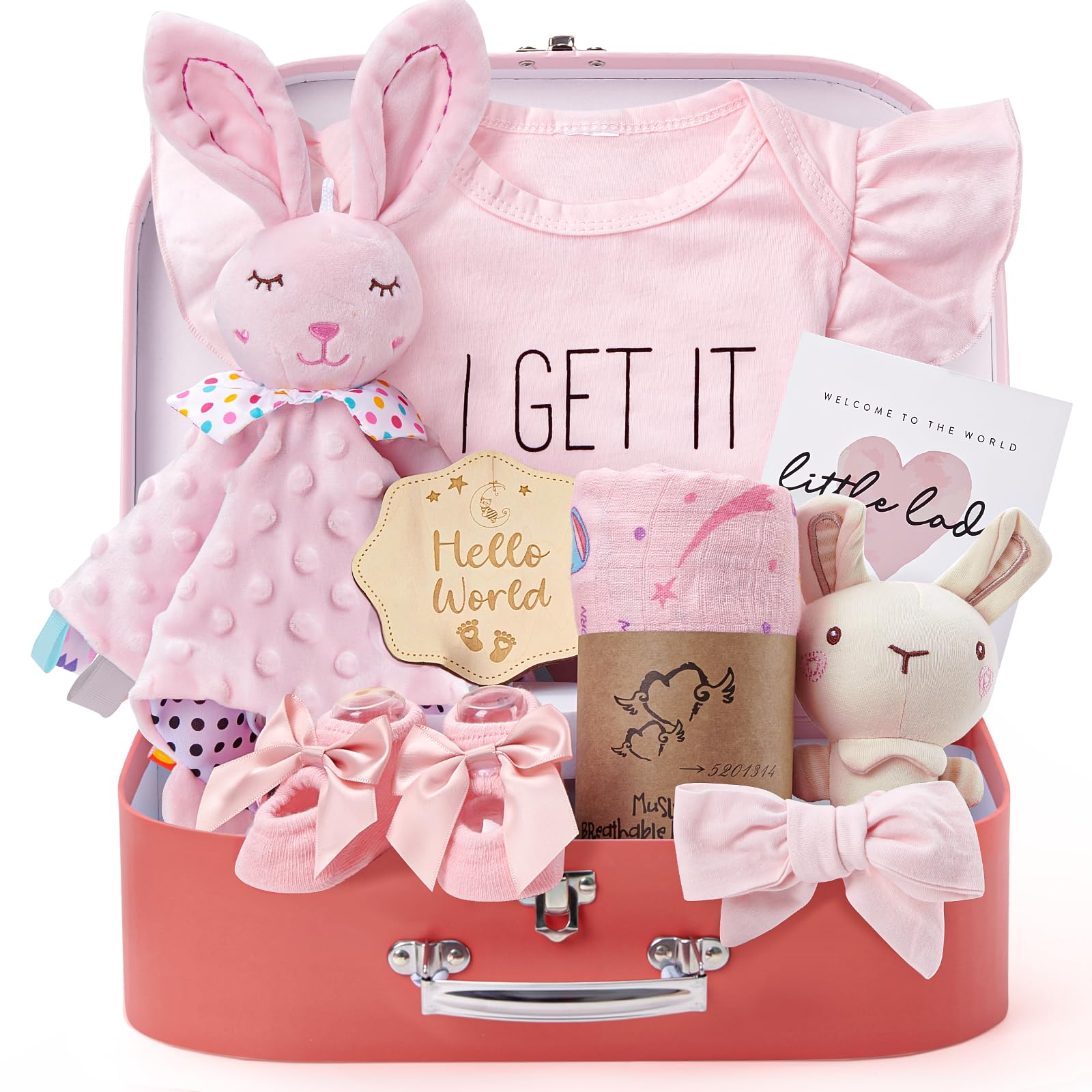 Golray Baby Shower Gifts for Girls, Baby Girl Gifts Baskets with Rattle, Blanket/Onesies Set, New Born Essential Stuff, Gender R