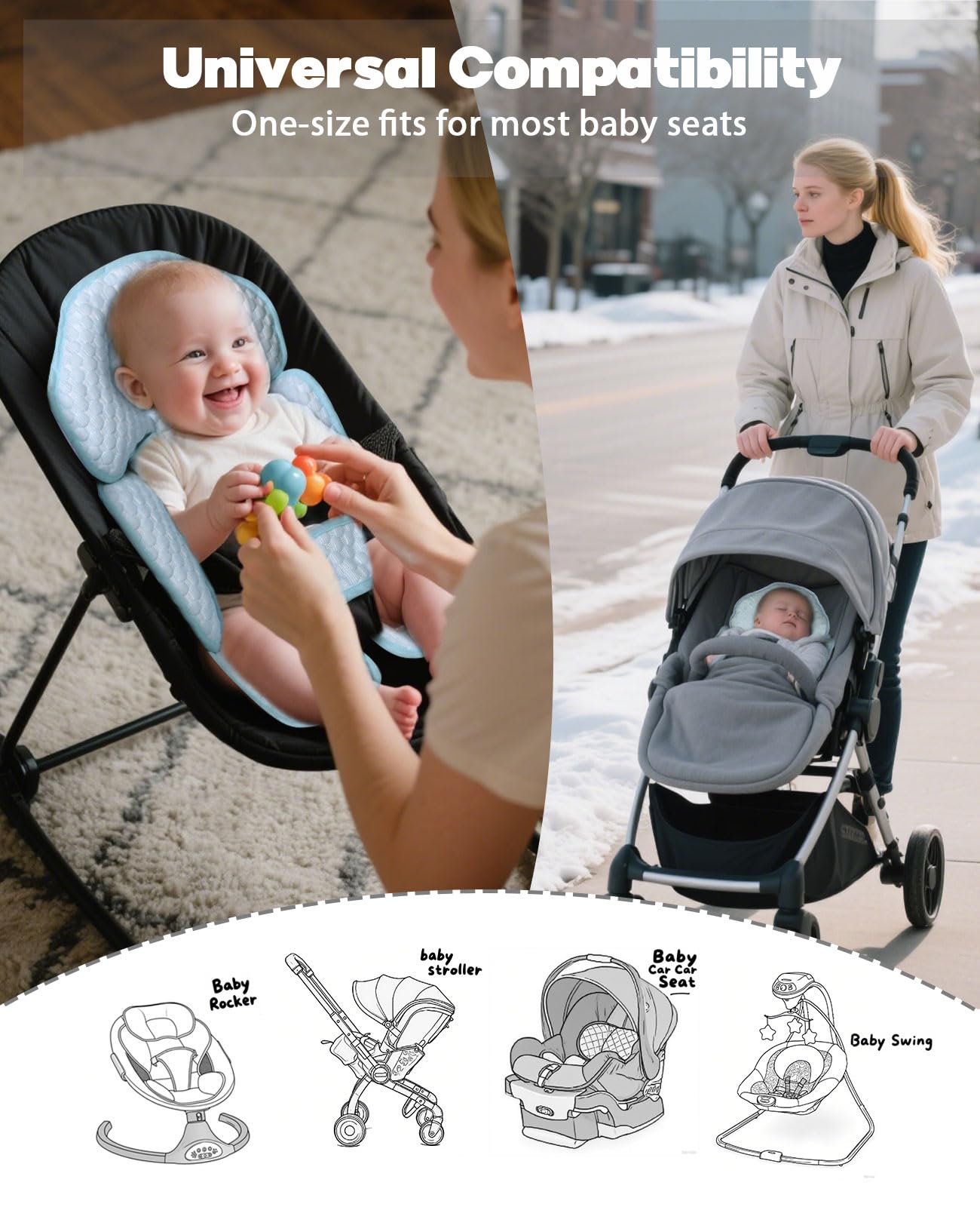 Infant Car Seat Insert, Reversible Baby Carseat Cushion 2-in-1 for Newborns Toddlers Head & Body Support Pad for Carseats, Strol