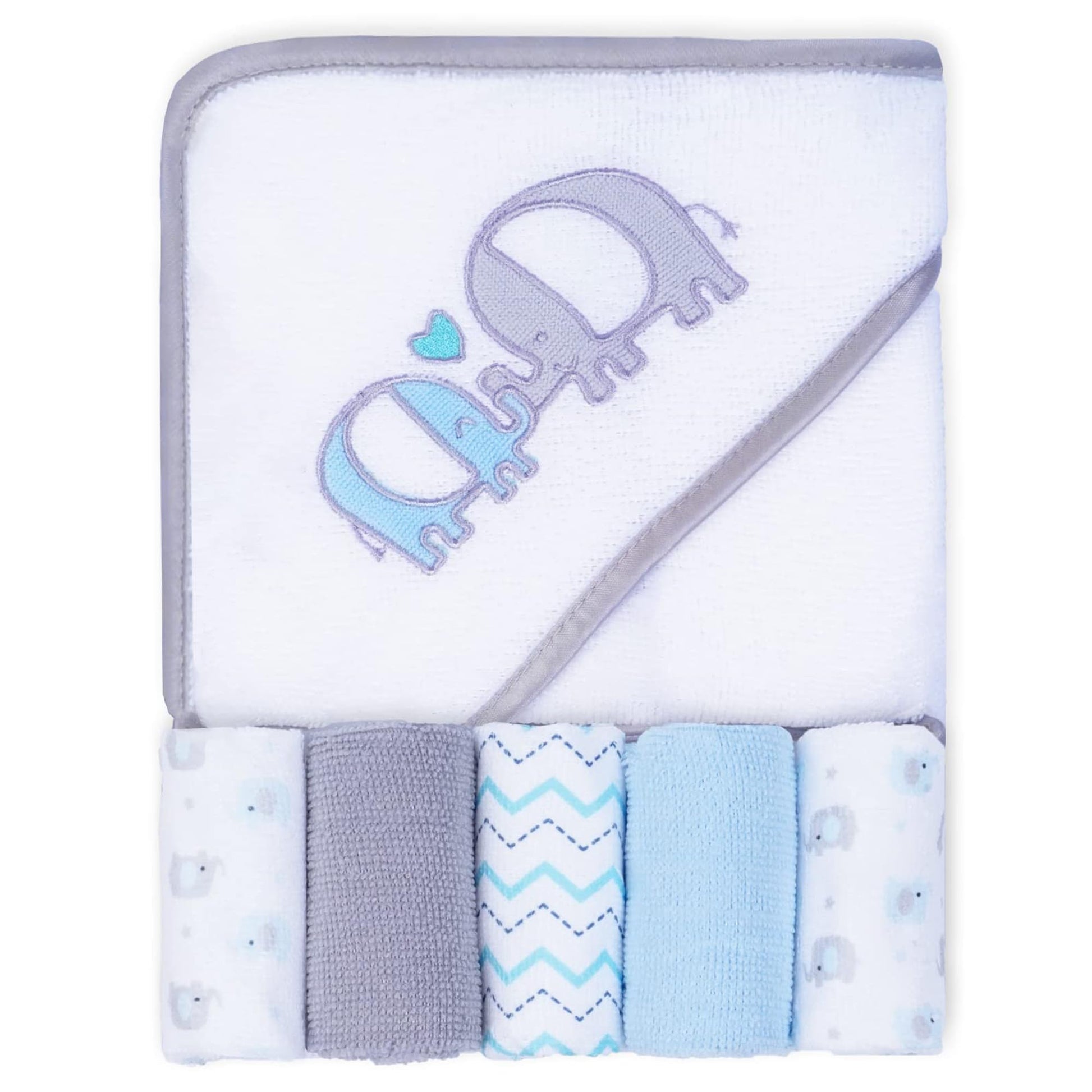 Viviland Baby Towels and Washcloths, Soft Absorbent Baby Bath Towel Set, Elephant Hooded Towels with 5 Infant Face Washcloths (6