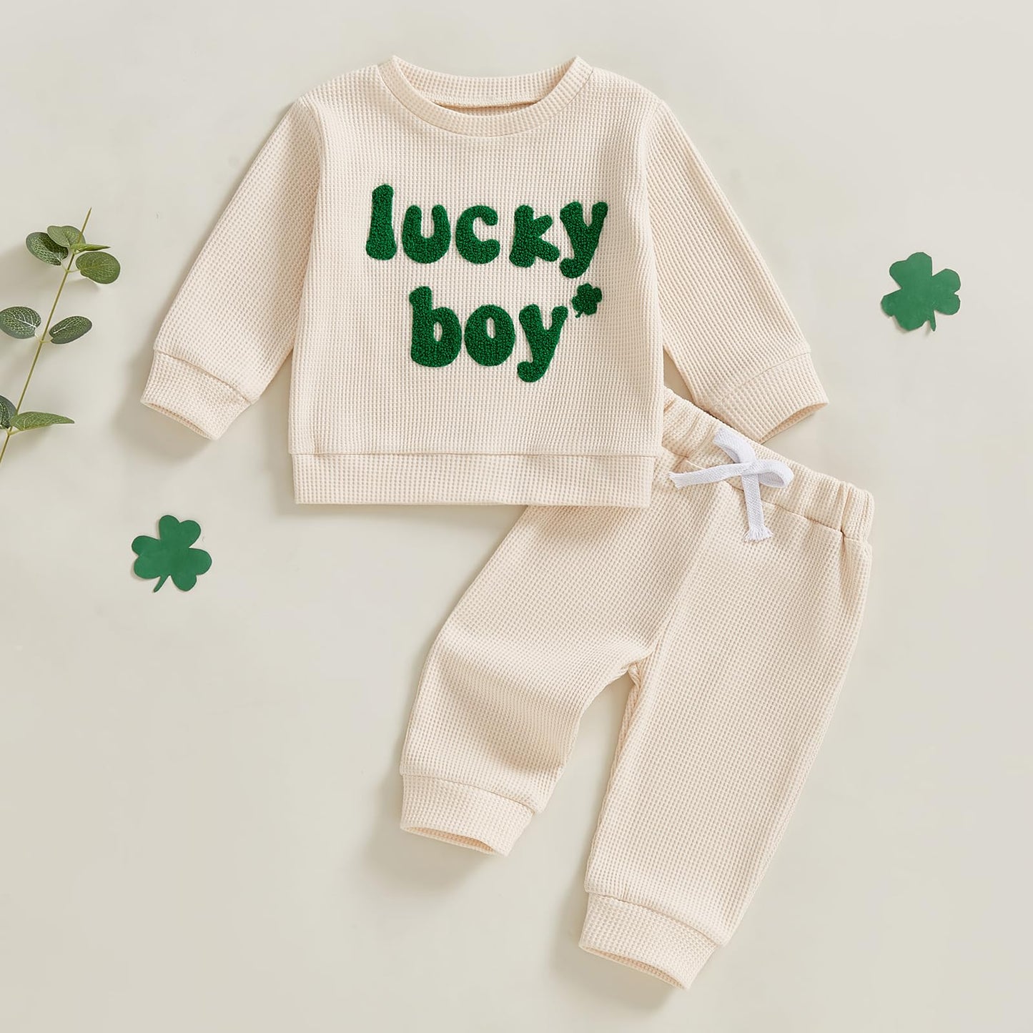 Lesimsam Toddler Baby Boy Valentine'S Day Outfit Letter Embroidery Long Sleeve Waffle Knit Sweatshirt And Pants Set (St Patricks