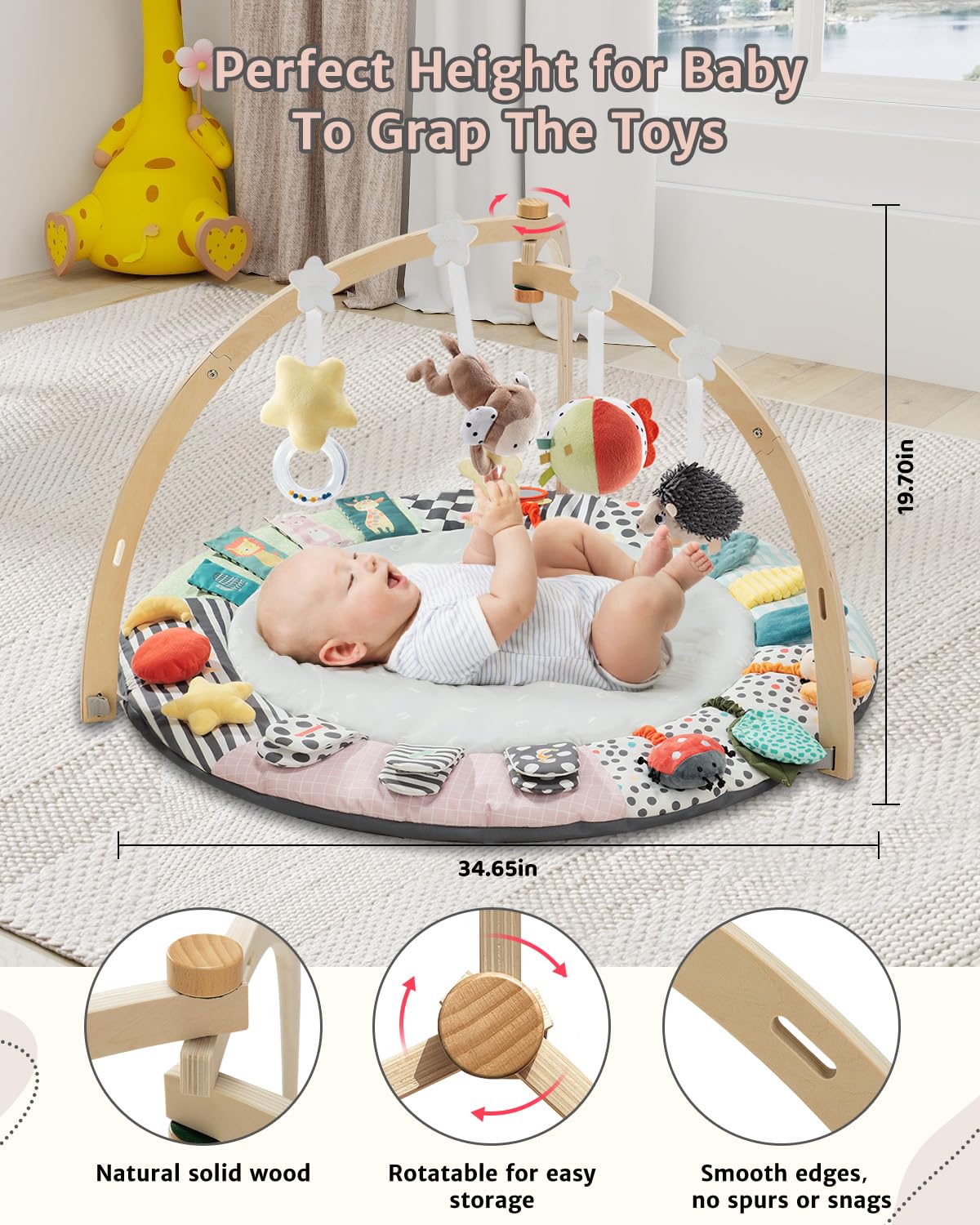 Suihuooo Baby Play Mat Activity Gym,6 Developmental Zones Tummy Time Mat, Foldable Wooden Baby Play Gym With 7 Detachable Sensor