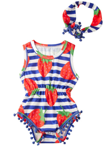 Infant Girls Blue White Stripe Rompers For Toddlers Cute Red Berries Fruits Bodysuits Crewneck Buttons Snap Design Jumpsuits Wit