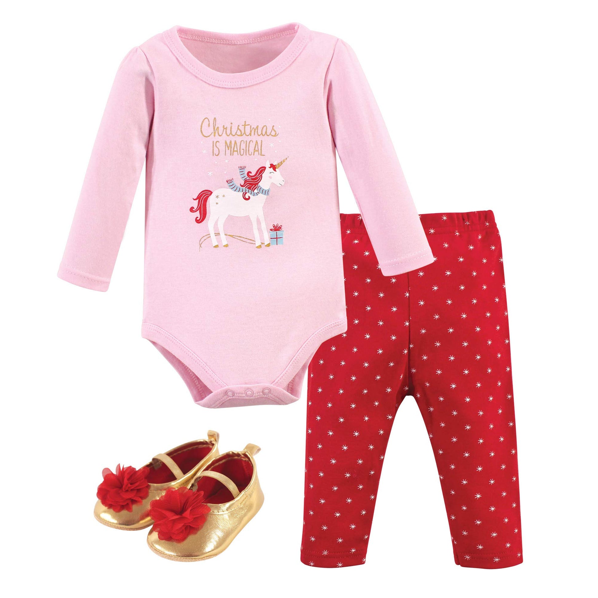 Hudson Baby Unisex Baby Cotton Bodysuit, Pant And Shoe Set, Magical Christmas, 12-18 Months