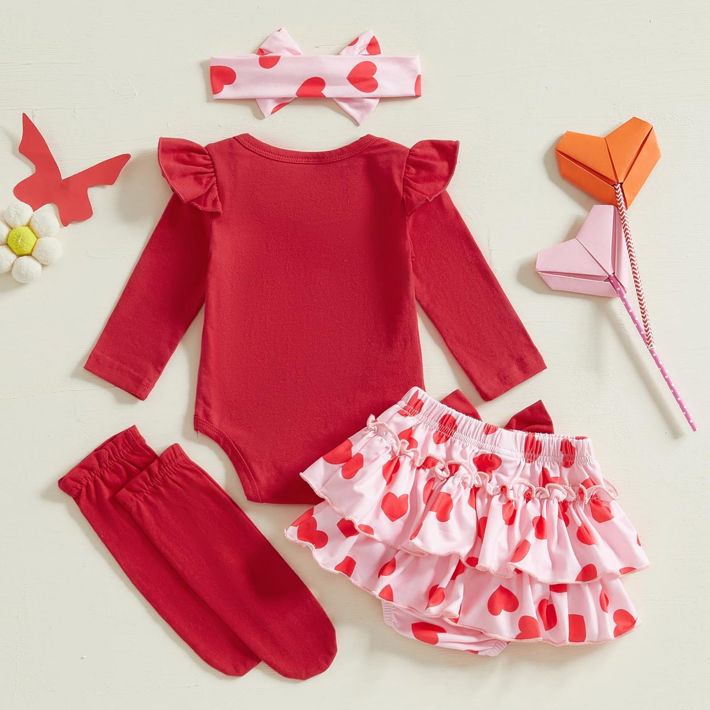 Fybitbo First Valentines Day Baby Girl Outfit Heart Letter Romper Ruffle Tutu Skirt Dress Newborn Infant Girl Clothes Set (Red-M