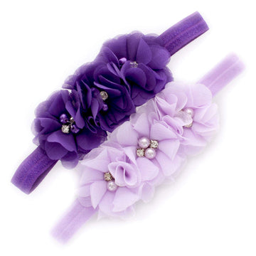 My Lello Baby Flower Headbands Fabric Beaded Trio Stretchy Elastic Pair (Purple/Lavender)
