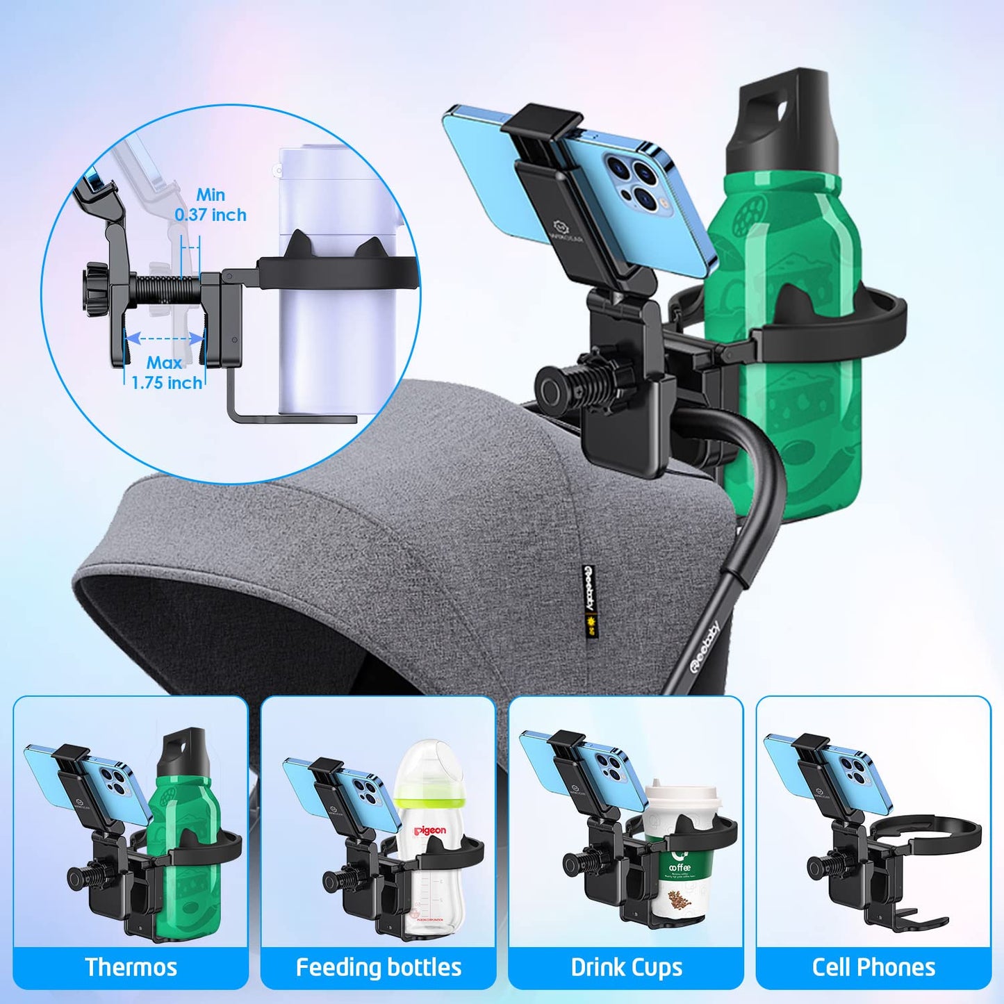 Wixgear Stroller Cup Holder With Phone Stand Holder, 2-In-1 Universal Cup Phone Holder For Stroller, Wheelchair, Walker, With Ne