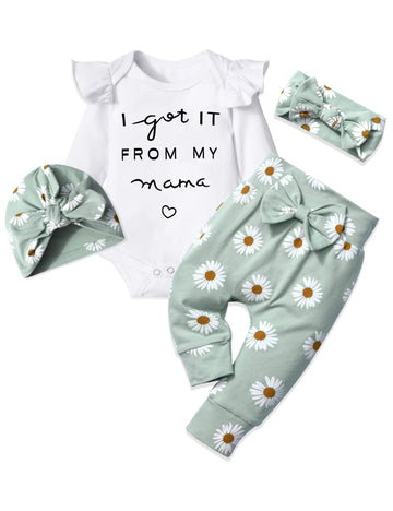 Newborn Girl Clothes Set Printed I Got It From My Mama White Ruffle Long-Sleeve Top + Pants + Headband + Hat Newborn Baby Girl C
