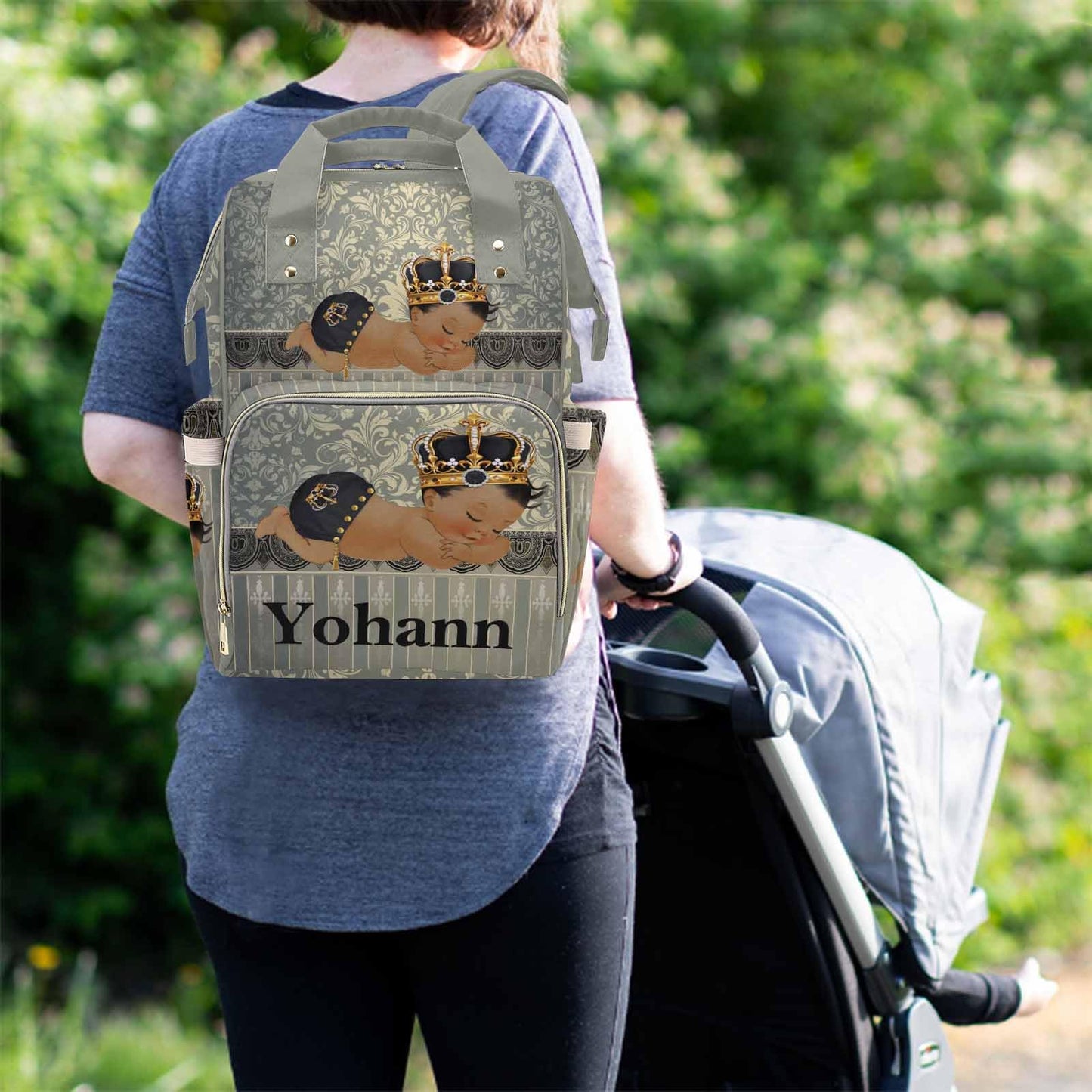 M Yescustom Personalized Name Diaper Bag Backpack, Grey Crown Diaper Baby Bags For Mom & Dad, Portable Travel Back Pack Baby Sho