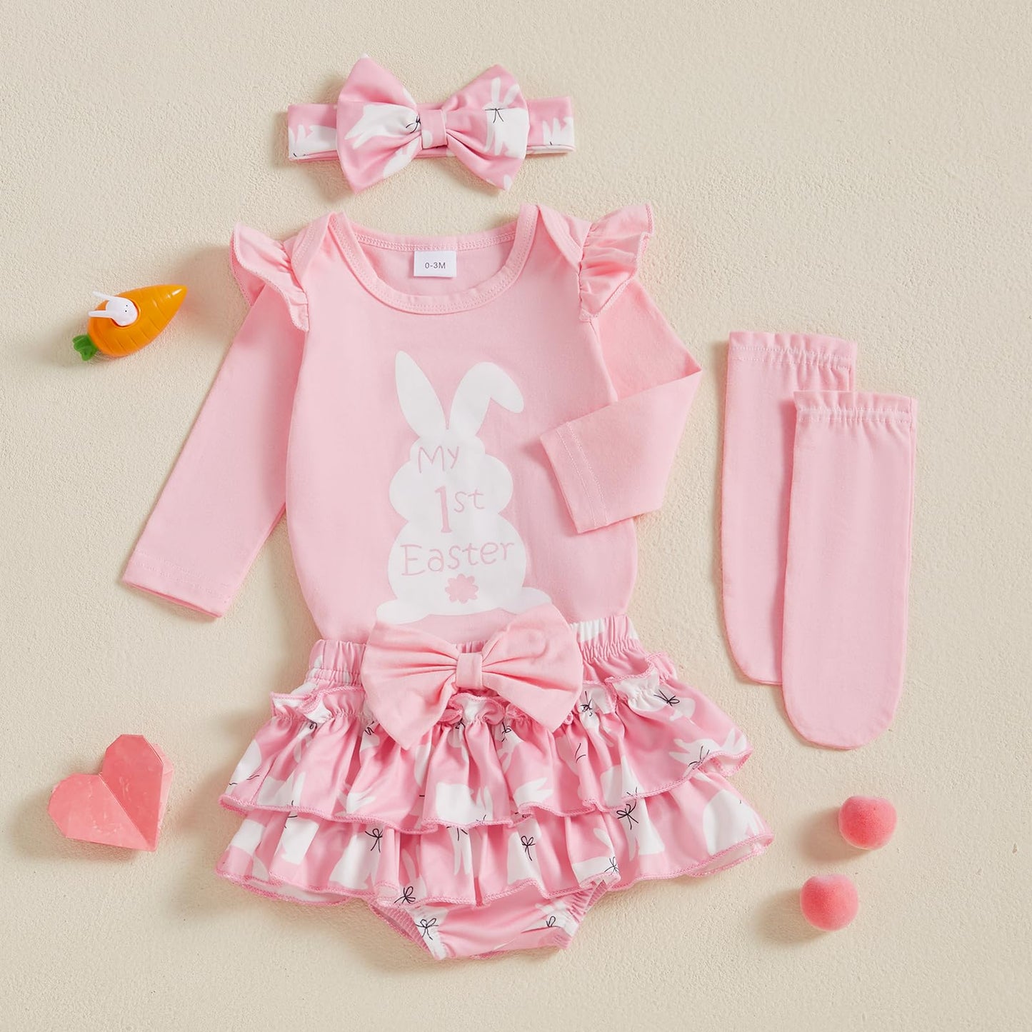 Beqeuewll Newborn Baby Girl Easter Outfit Bunny Clothes Long Sleeve Romper+Bloomers Tutu Skirt+Socks+Headband 4Pcs (1St Easter,