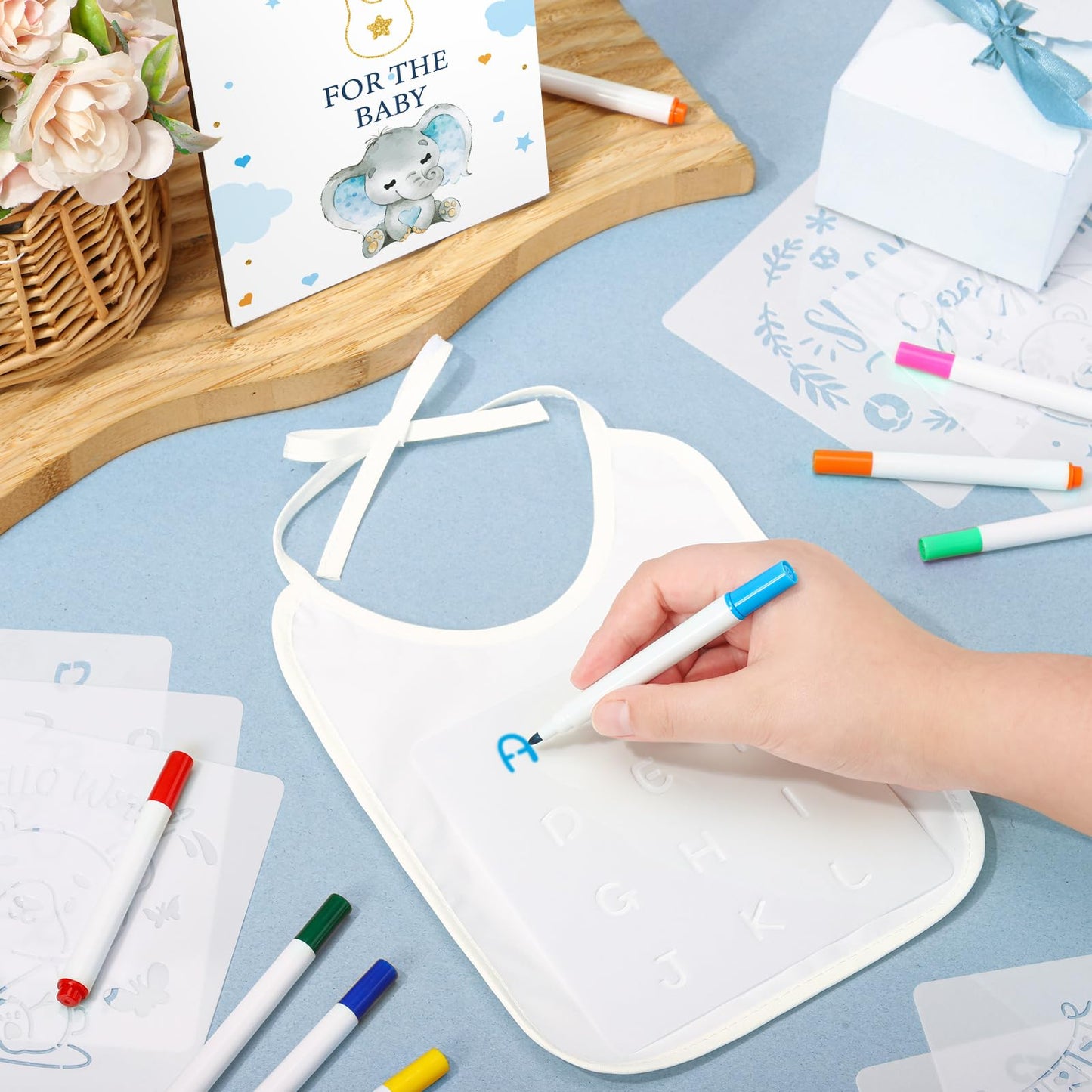 Panitay 100 Pcs Diy Baby Bibs Decorating Kit 50 White Bibs 25 Stencils 24 Fabric Markers 1 Baby Shower Game Sign(Blue Elephant)