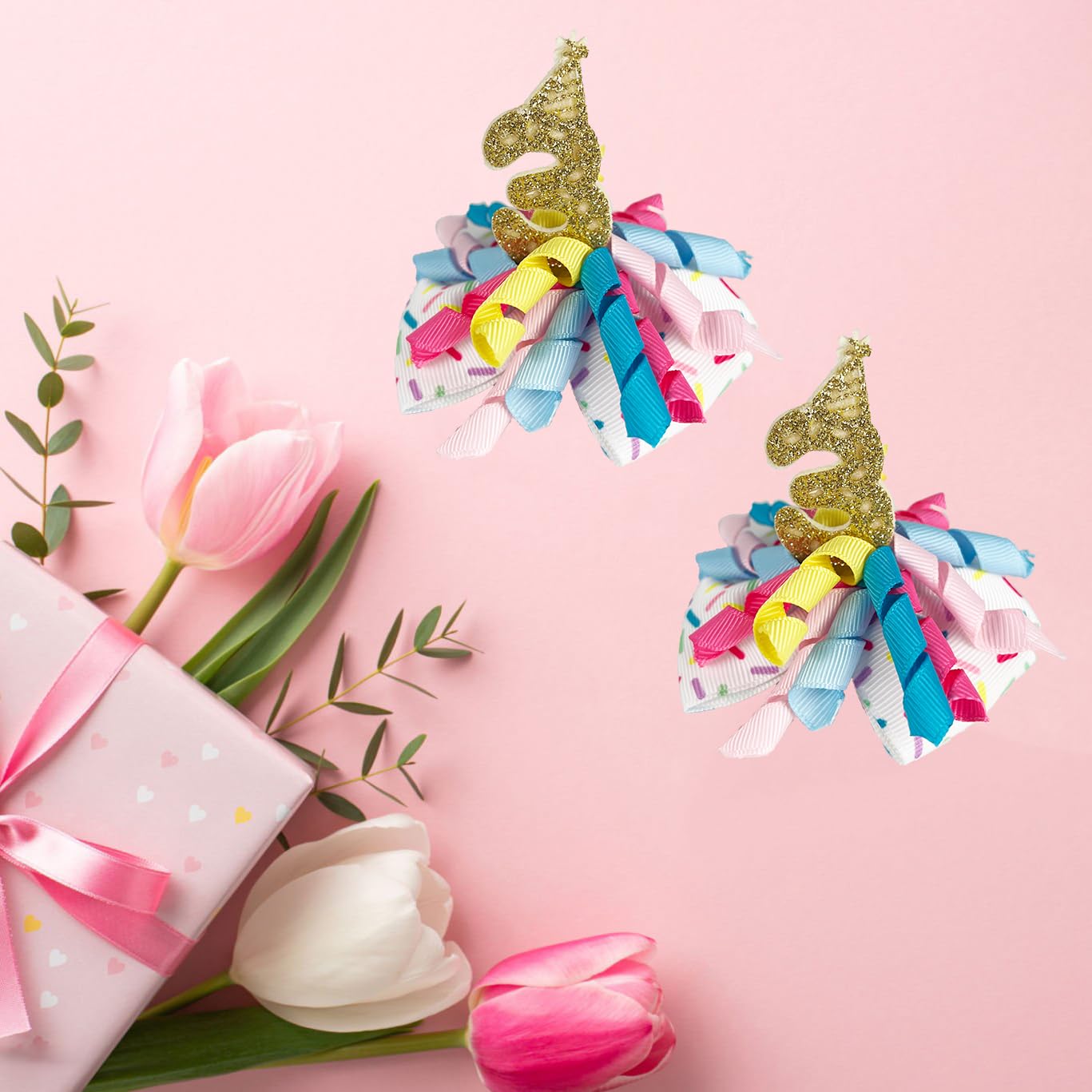 Birthday Hair Clips For Baby Girls - 2Pc Curly Ribbon With Gold Number Bow Hair Clips For 3Rd Birthday Baby Bow Party Decoration