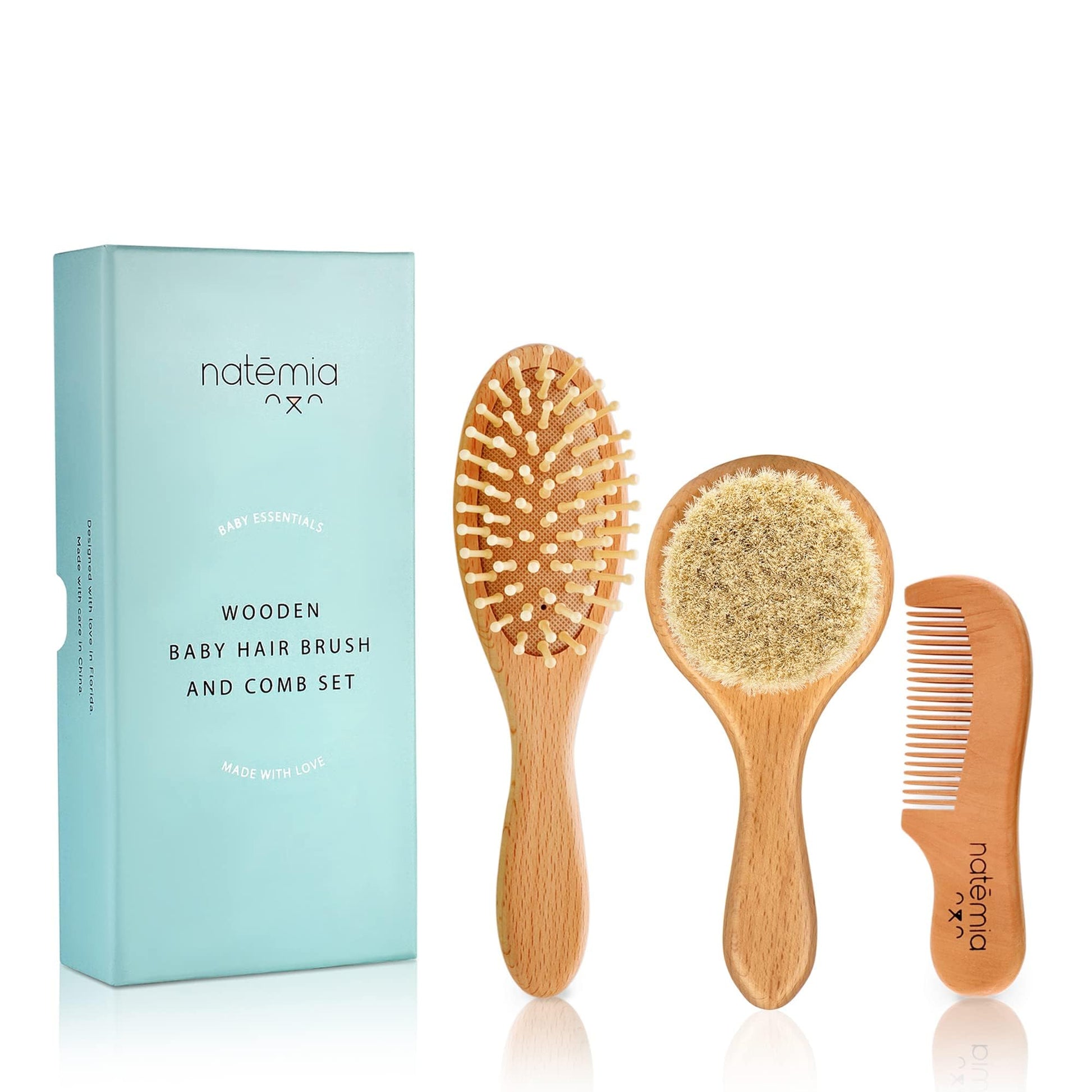 Natemia Baby Hair Brush And Comb Set - Wooden Soft Bristle Brush, Cradle Cap Brush For Newborns And Toddlers