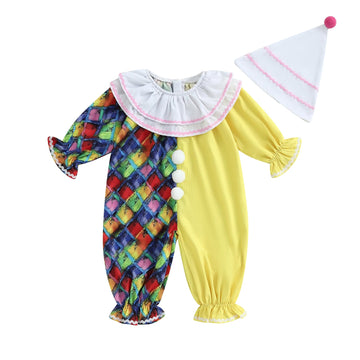 Aiwpstoin Toddler Baby Clown Costume Boy Girl Funny Halloween Outfit Contrast Color Long Sleeve Jumpsuit with Hat (Yellow, 12-18