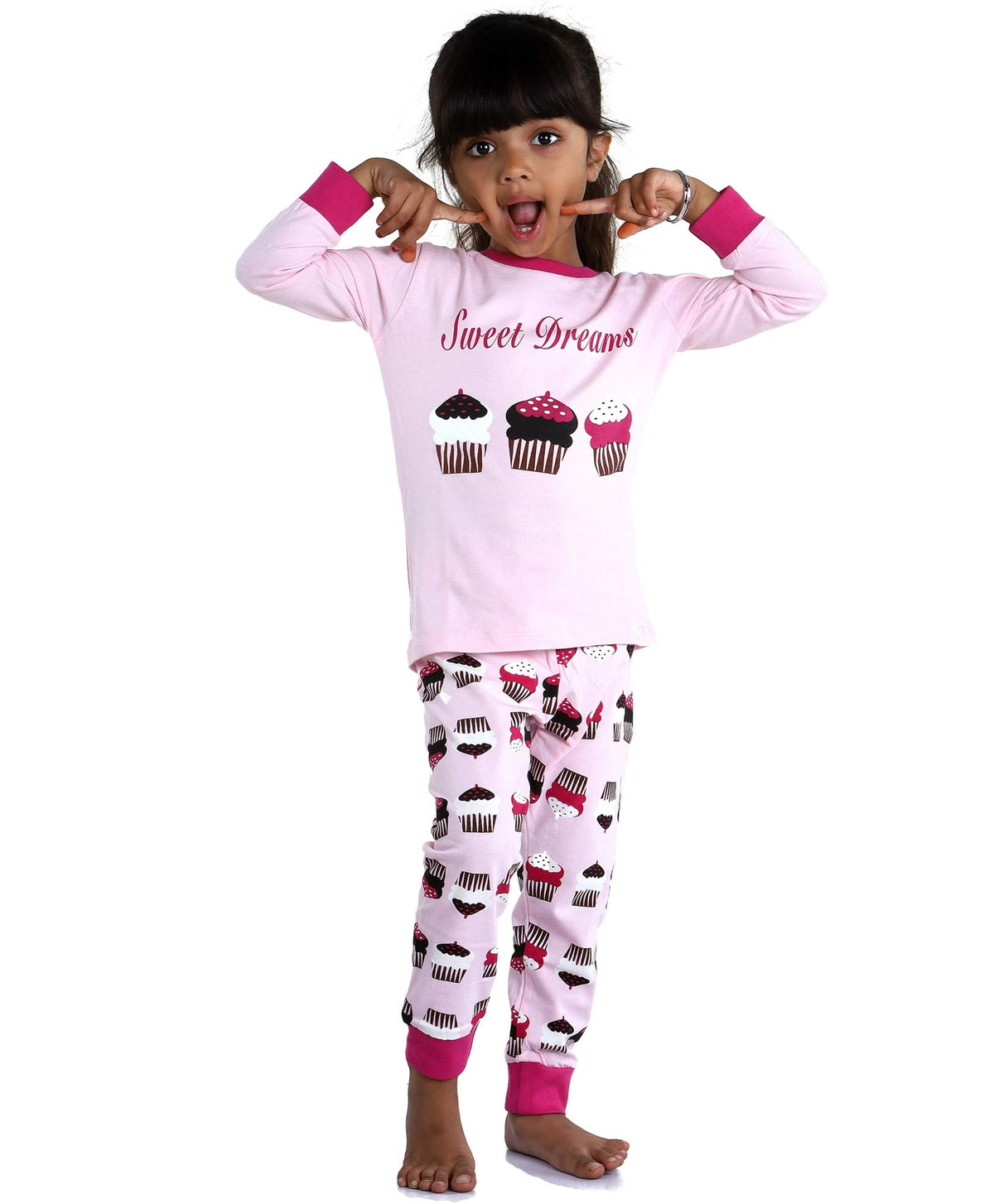 Ventra Girls Cupcake Nightwear, 100% Cotton Nightdress for Kids, Top and Bottom Pyjama Set Pink