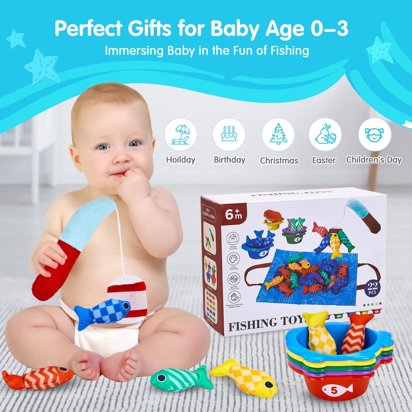 Gacoman Montessori Toys for 1 Year Old Boy Girl Birthday Gift- Cloth Fishing Game for Toddler1-3 for Grandkids with Stacking Cup