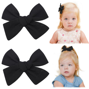 Jollybows 2pcs 3.2 Hair Bows Clips for Baby Girl Toddler Pigtail Neutral Linen Hair Clip Bows -Black