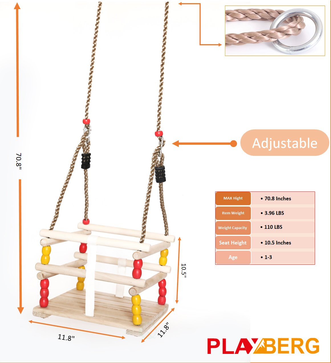 Playberg Wooden Baby Swing With Hanging Ropes, For Babies And Toddlers