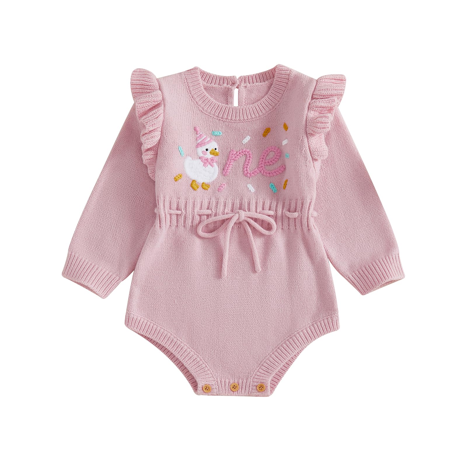 Xnqiwq Baby Girl 1st Birthday Outfit One Silly Goose Sweater Romper Ruffle Long Sleeve Knit Bodysuit Cake Smash Clothes (Pink, 1