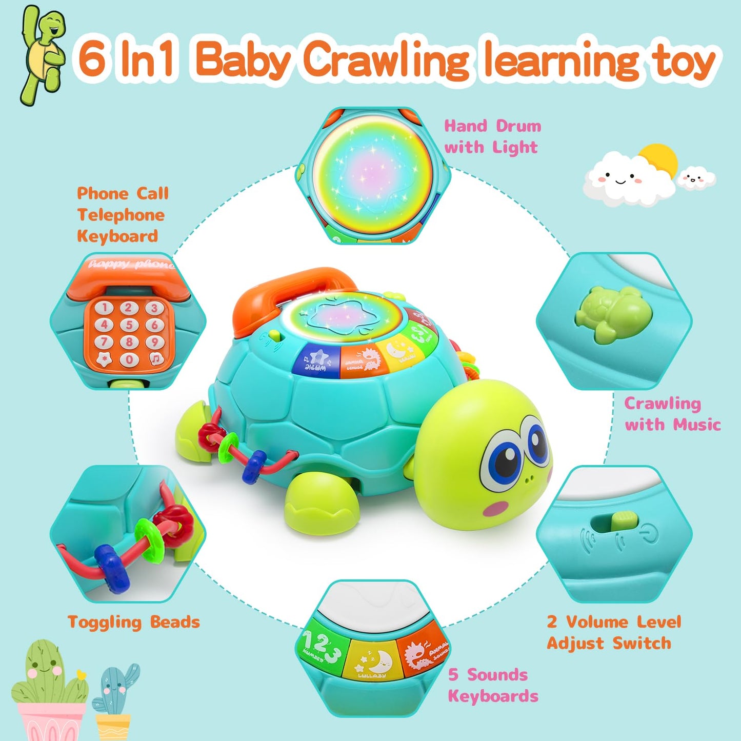VoMii Musical Turtle Baby Toys 6 to 12 Months, Infant Crawling Tummy Time Development Toys, Light up Music Toys for 7 8 9 10 11