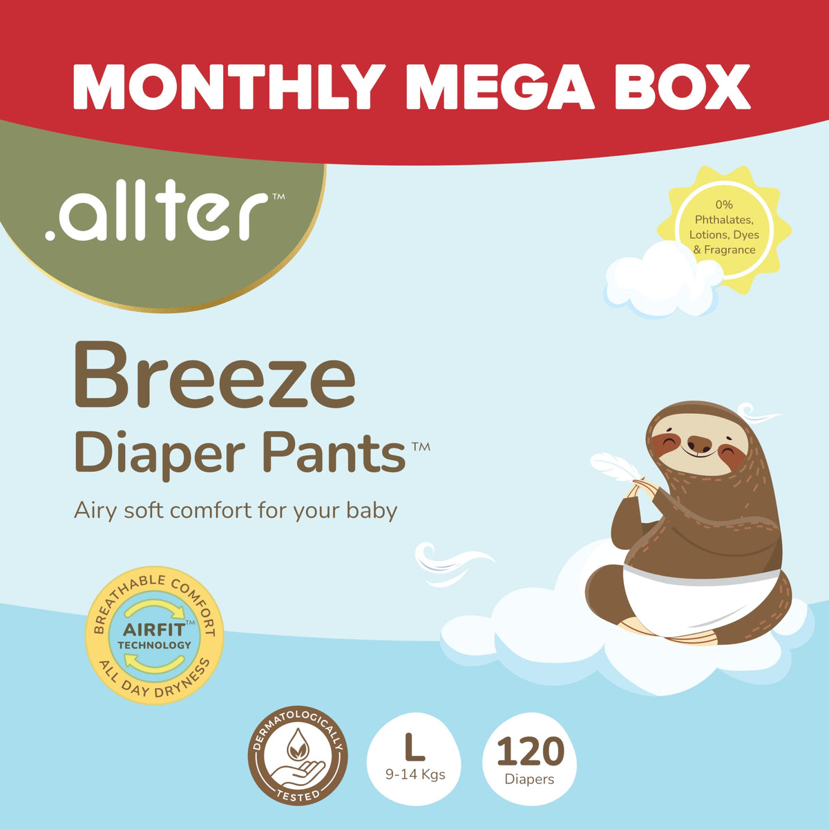 .Allter Breeze Baby Diaper Pants  L Size (914 Kgs) | 120 Count, Pack Of 4 | Airfit Technology For Breathable Comfort | Dermat 