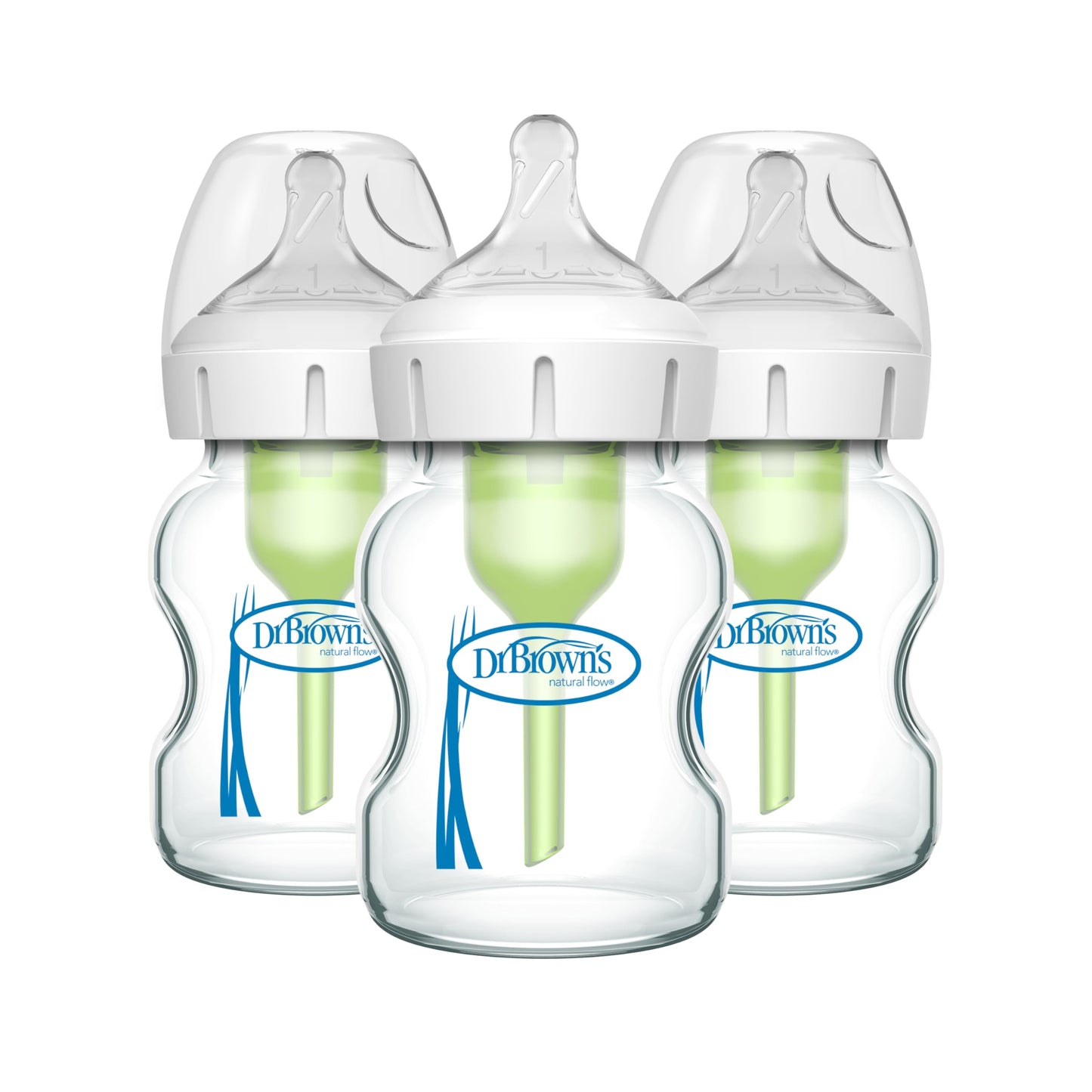 Dr. Brown'S Natural Flow Anti-Colic Options+ Wide-Neck Glass Baby Bottles 5 Oz/150 Ml, With Level 1 Slow Flow Nipple, 3 Pack, 0M