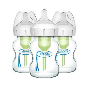 Dr. Brown'S Natural Flow Anti-Colic Options+ Wide-Neck Glass Baby Bottles 5 Oz/150 Ml, With Level 1 Slow Flow Nipple, 3 Pack, 0M