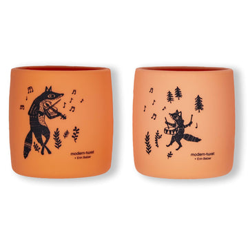 Modern-Twist Sip Set, Food-Grade Silicone, Waterproof, Dishwasher, Freezer Safe, Reusable Cups - Orange Fox Family, Pack Of 2