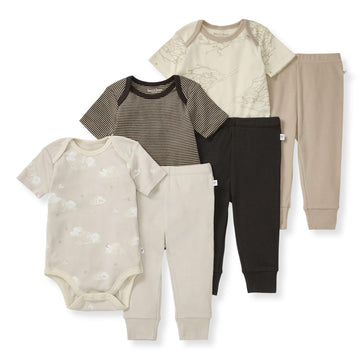 Burt Bees  6Pk Baby Girl Organic Cotton Bodysuit & Pant Set, Ranunculus, Tan 6Piece Set, 24 Months