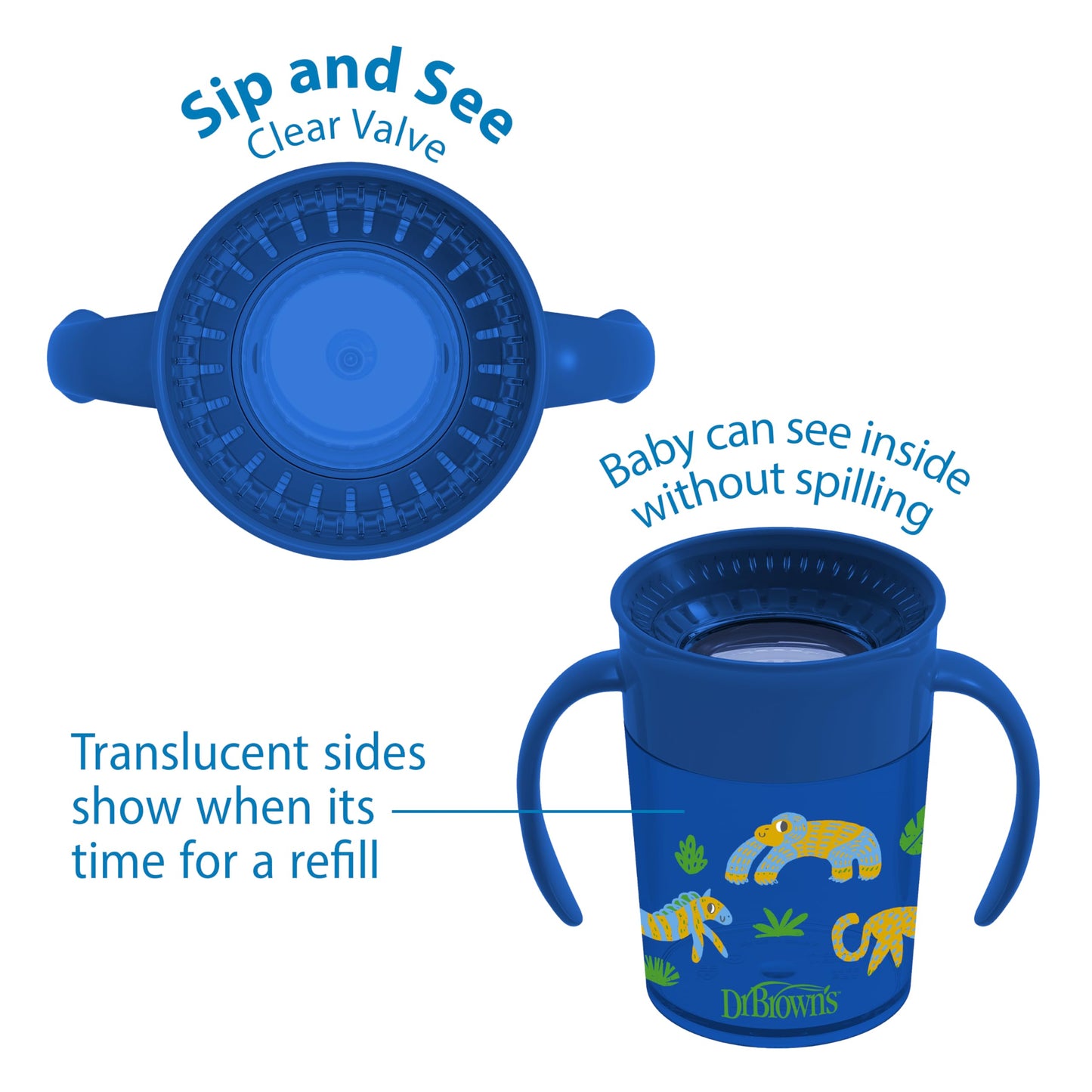 Dr. Browns Milestones Cheers 360 Cup Spoutless Transition Cup With Handles For Easy Grip And Leak-Free Learning, Blue Safari, 7