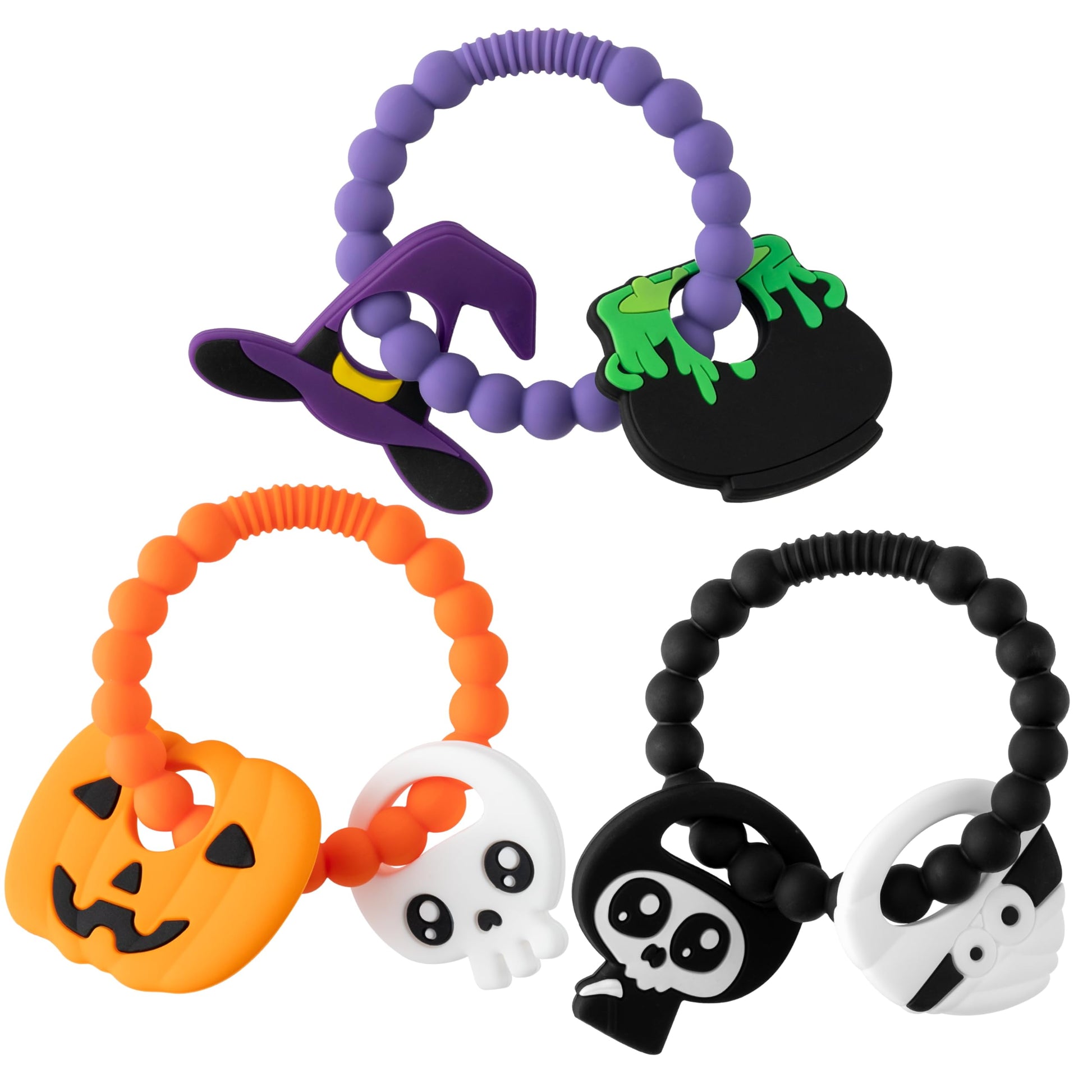Silicone Teether Toys for Babies - 3Pcs Halloween Themed Teething Ring, Pumpkin Skull Baby Sensory Chew Toys with Rattles for Ne