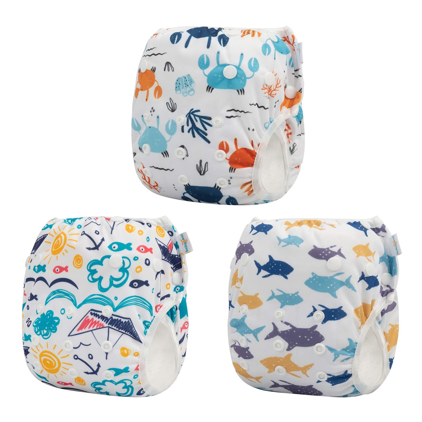 Babygoal Baby Swim Diapers 3 Pack For 0-8 Months Infant Girls And Boys, Reusable Adjustable Washable For Swimming Lessons-Crab,S