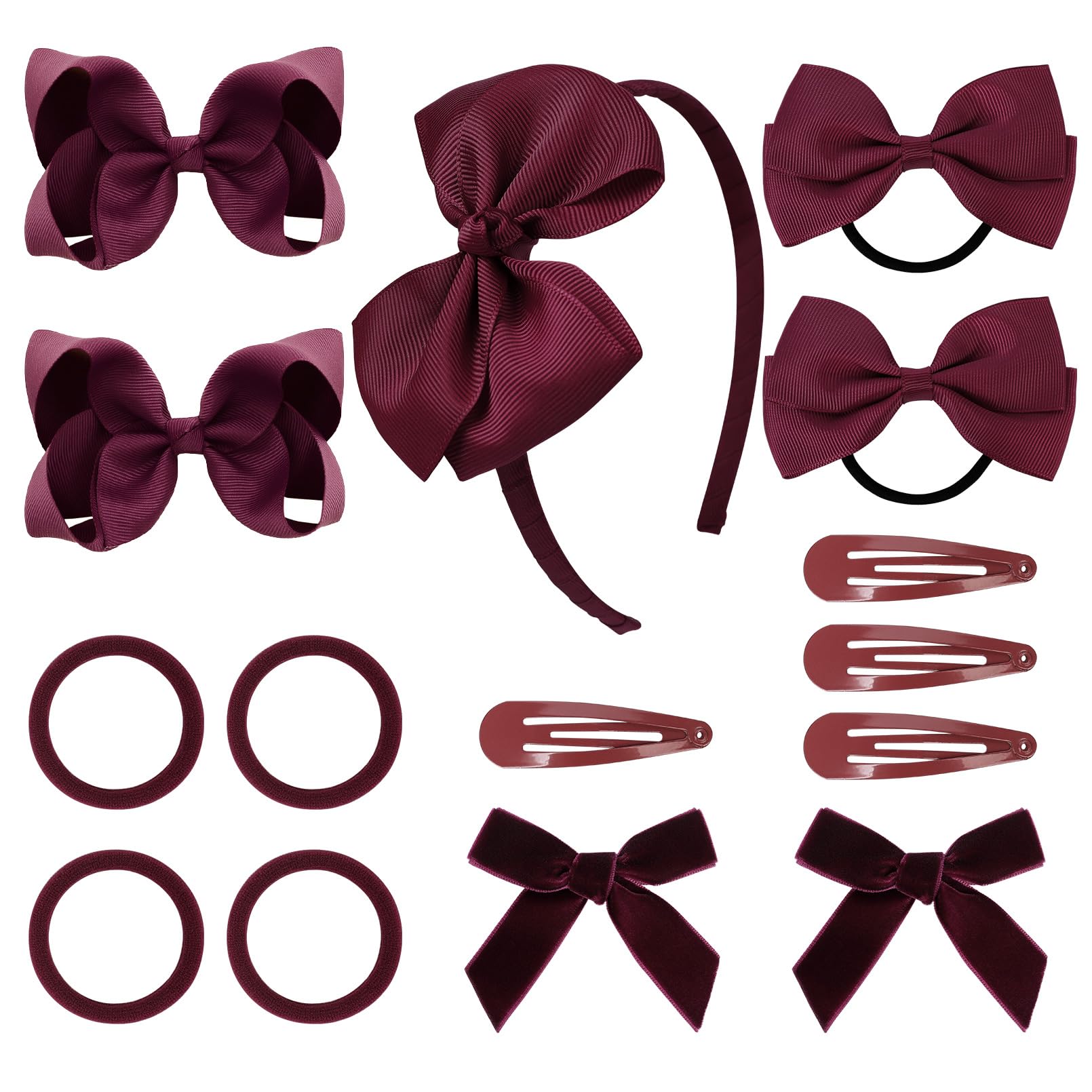 Deeka Burgundy Uniform Hair Accessories Set, 15 Pieces - Hair Bows, Hair Clips, Headband, Hair Ties For Little Girls - School, P
