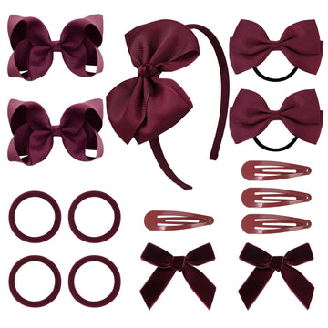 Deeka Burgundy Uniform Hair Accessories Set, 15 Pieces - Hair Bows, Hair Clips, Headband, Hair Ties For Little Girls - School, P