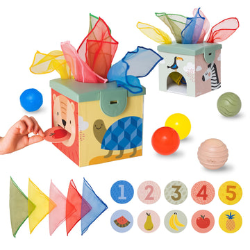 Taf Toys Sensory Baby Tissue Box, Object Permanence Box, Imaginary Play for Infants & Toddlers, Montessori Square Sensory Toys C