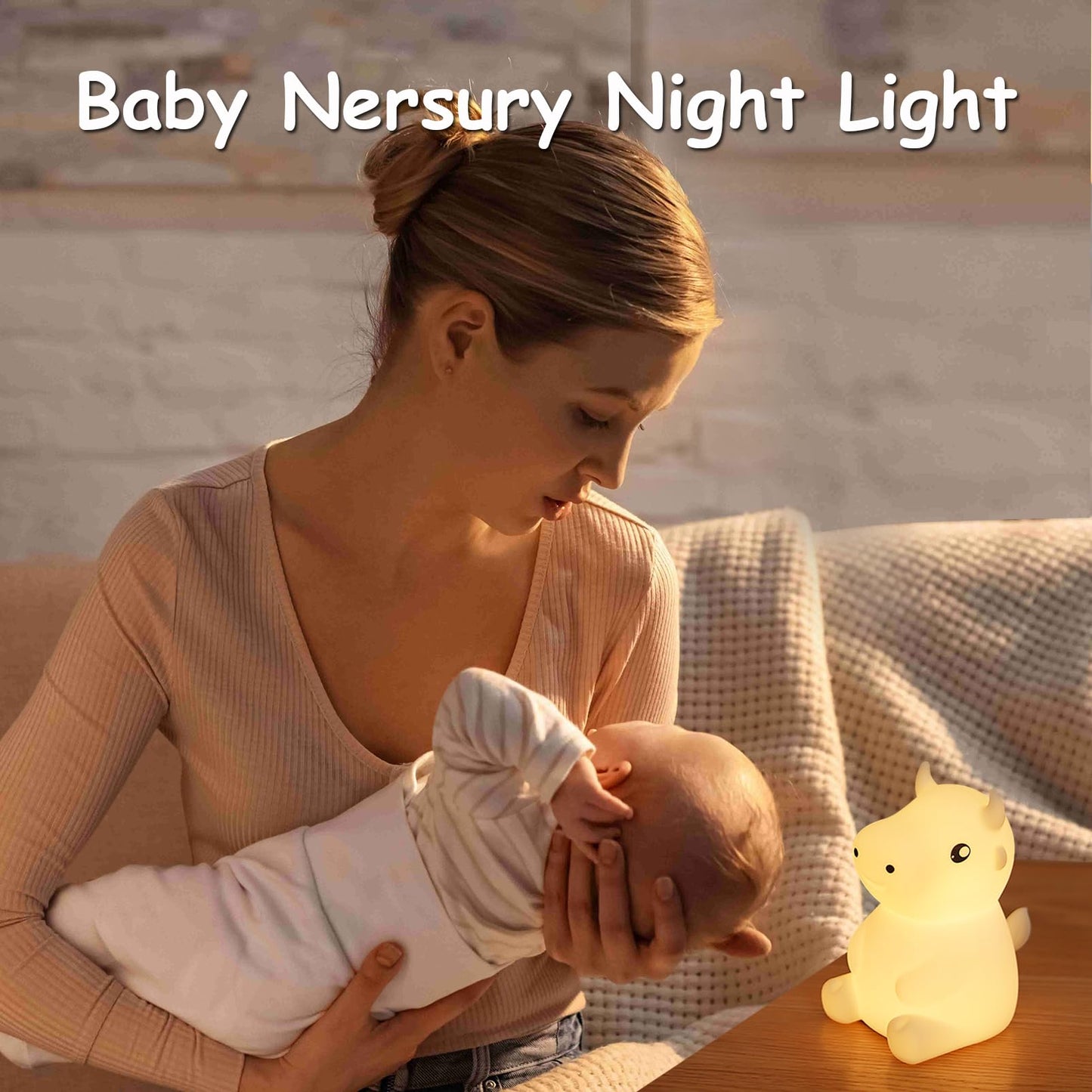 SMOORITA Night Light for Kids, Cute Night Lamp Bedroom Cow Nightlight for Baby Girl Boy Teem, Battery Powered Silicone Animal Ni