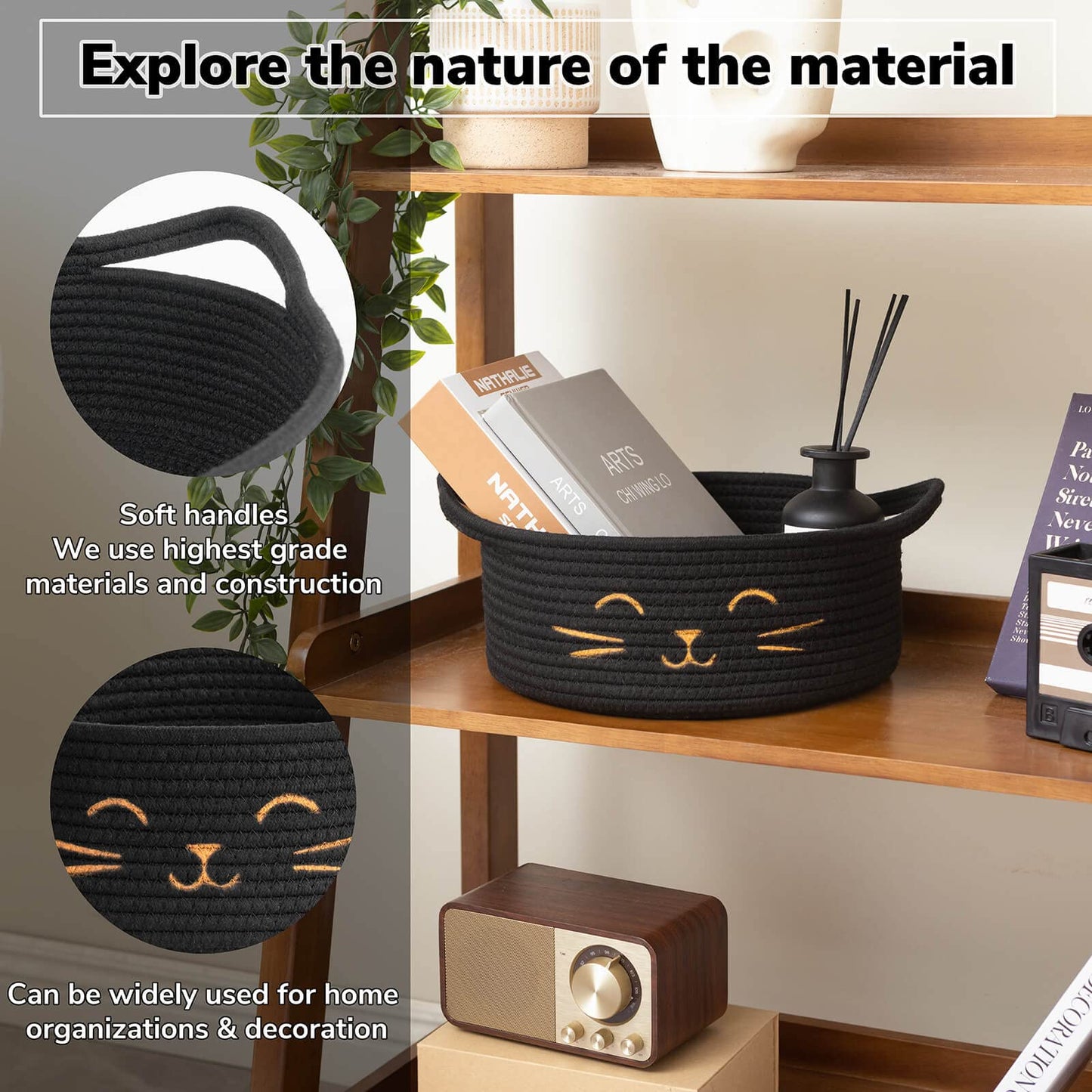 Hichen Small Cat Storage Basket, Black Cute Basket For Toys, Dog Toy Basket, Woven Rope Basket For Organizing, Empty Gift Basket