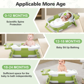 Alligator Collapsible Baby Bathtub For Newborn With Thermometer & 1 Soft Floating Cushion & Drain Hole, Foldable & Portable Trav