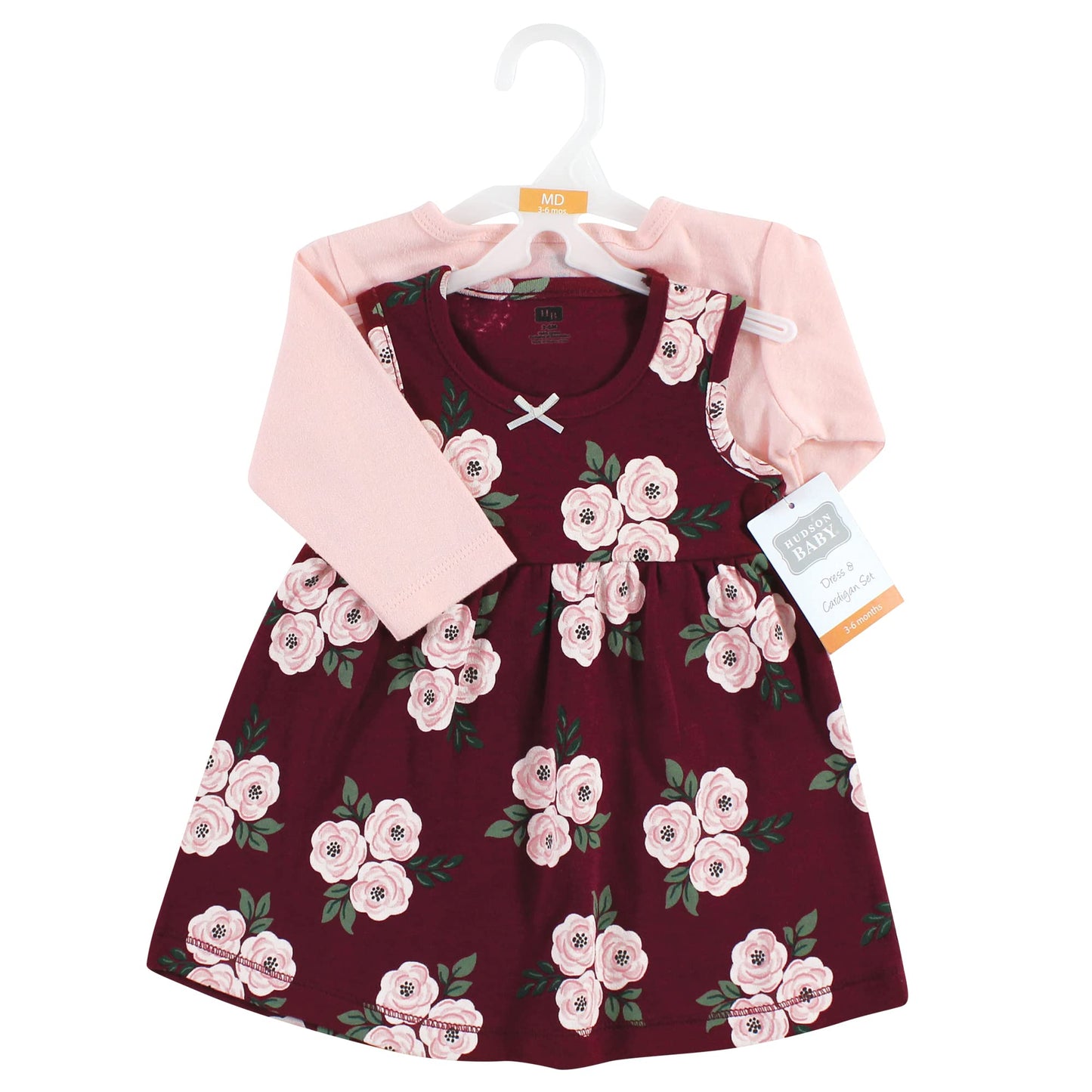 Hudson Baby Baby Girls' Cotton Dress And Cardigan Set, Burgundy Floral, 6-9 Months