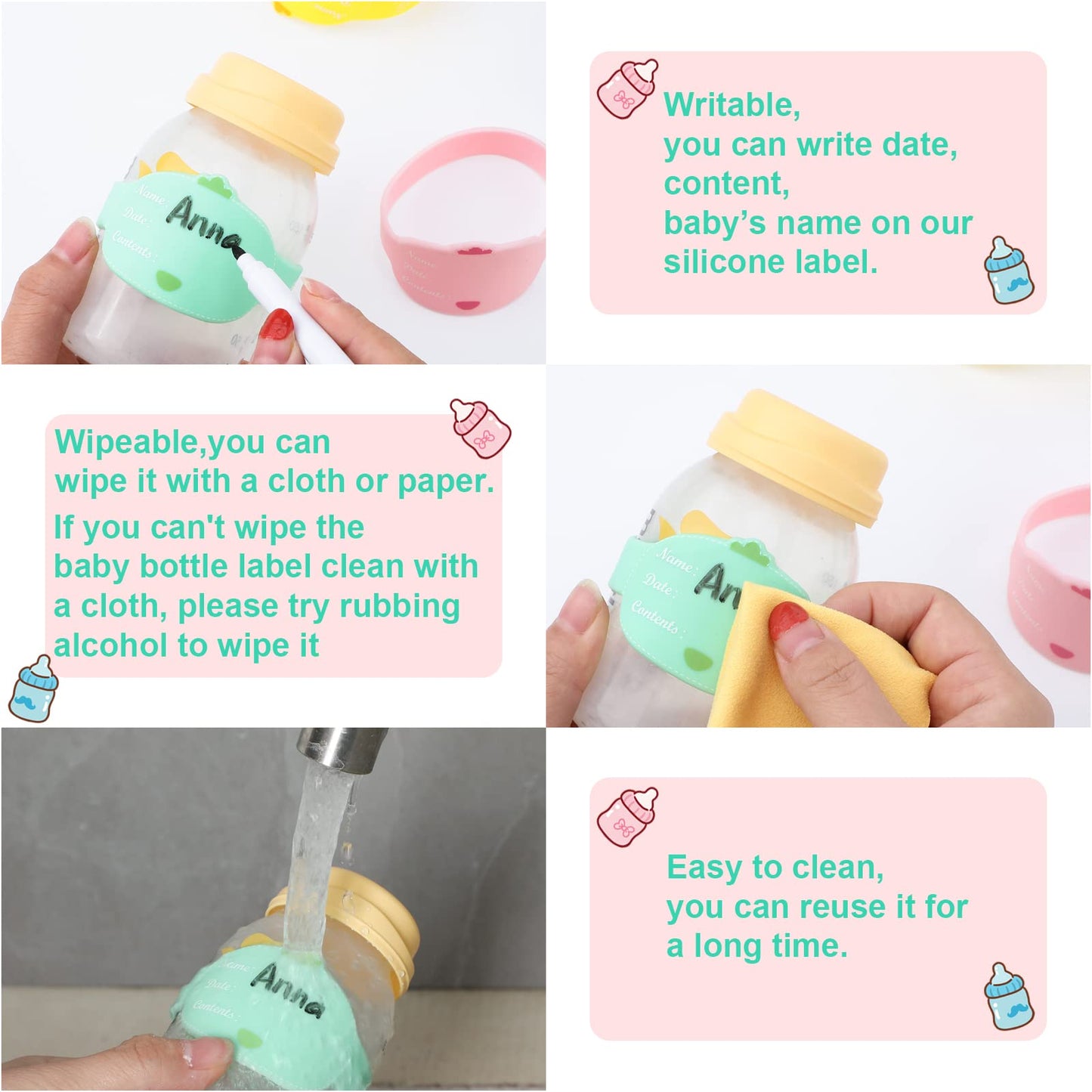 Baby Bottle Labels For Daycare 12 Pieces Reusable Silicone Daycare Labels Original Daycare Waterproof Water Bottle Name Bands Wr