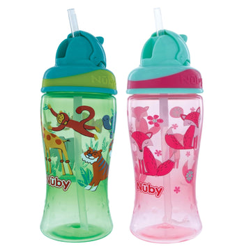 Nuby 2-Pack Thirsty Kids No-Spill Flip-It Printed Boost Cup With Thin Soft Straw - 12Oz, 18+ Months, 2-Pack, Pink Fox & Green Ti